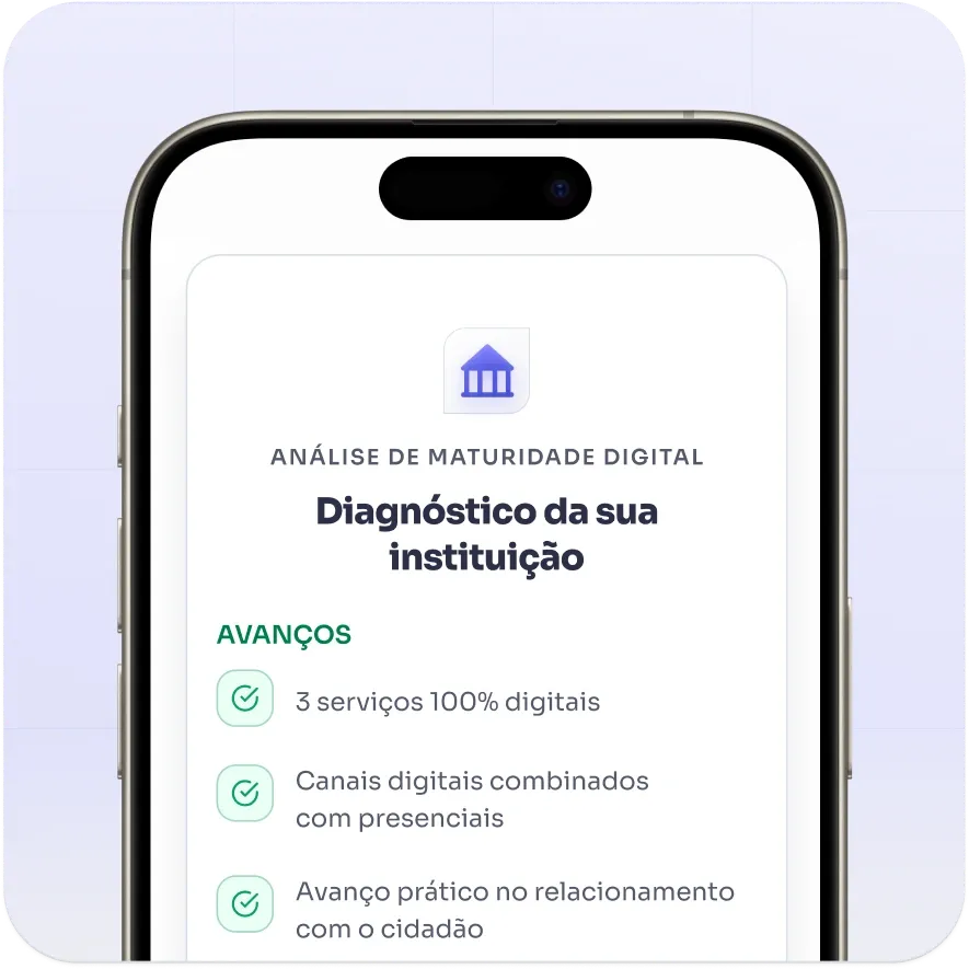 Tela de diagnóstico de maturidade digital em um smartphone mostrando a análise da instituição
